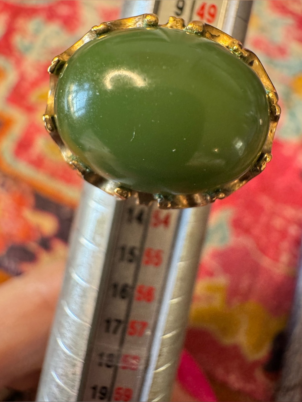 Vintage gold tone ornate faux jade Ring Size 6